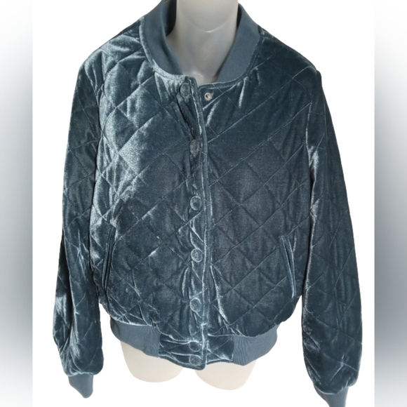 7FAM Diamond Stitch Quilted Bomber Jacket  Crushed Velvet Teal Medium - Picture 2 of 10